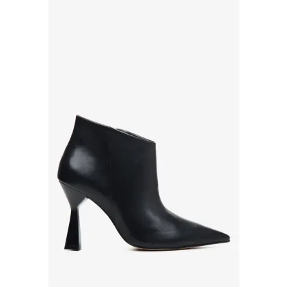 Zdjęcie Estro: Czarne krótkie botki damskie ze skóry naturalnej na obcasie