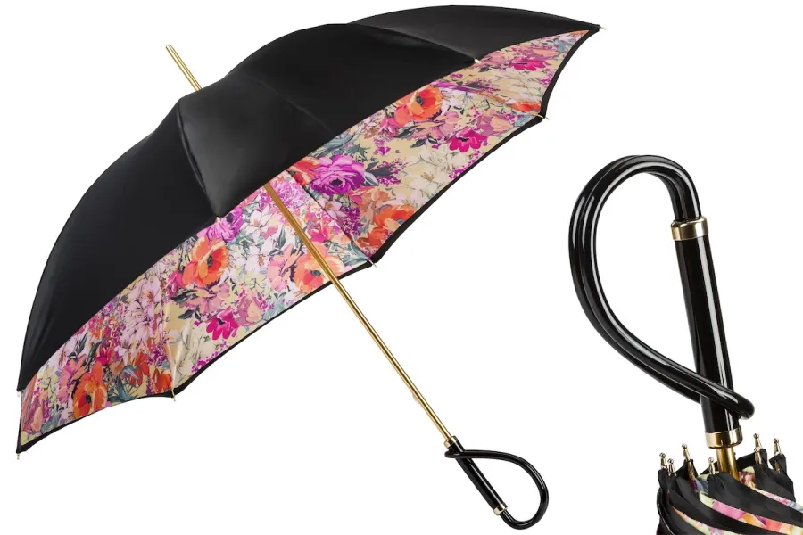 obrazek 1 Luksusowy czarny parasol damski z pięknym motywem kwiatowym - Pasotti