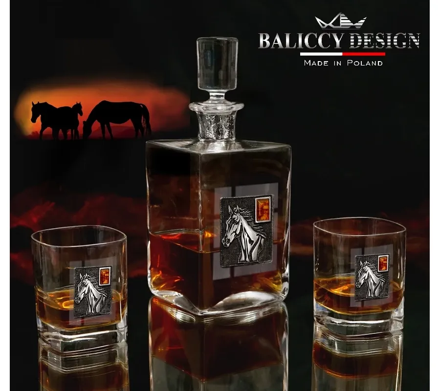 obrazek 3 Karafka i szklanki do whisky z bursztynem dla miłośnika koni