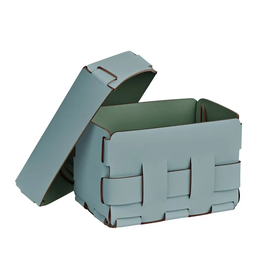 obrazek 2 Stylowy jasnobłękitny koszyk Bottega 12x19xH13 cm z plecionymi bokami