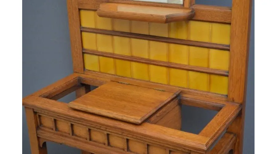 obrazek 6 Stylowy stojak dębowy Arts and Crafts z rzeźbionymi dekoracjami słonecznymi na górze