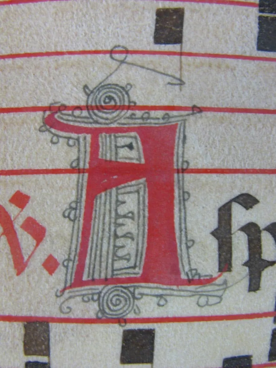 obrazek 4 Pergamin z mszału, z gregoriańskim śpiewem po łacinie napisanym odręcznie na czerwonym tetragramie