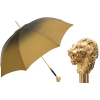 Picture Stylish brown women's umbrella with a handle decorated with a golden lion's head - Pasotti