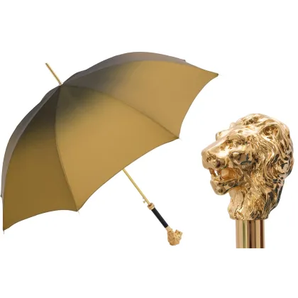 Zdjęcie Stylowy brązowy parasol damski z rączką zdobioną złotą głową lwa – Pasotti