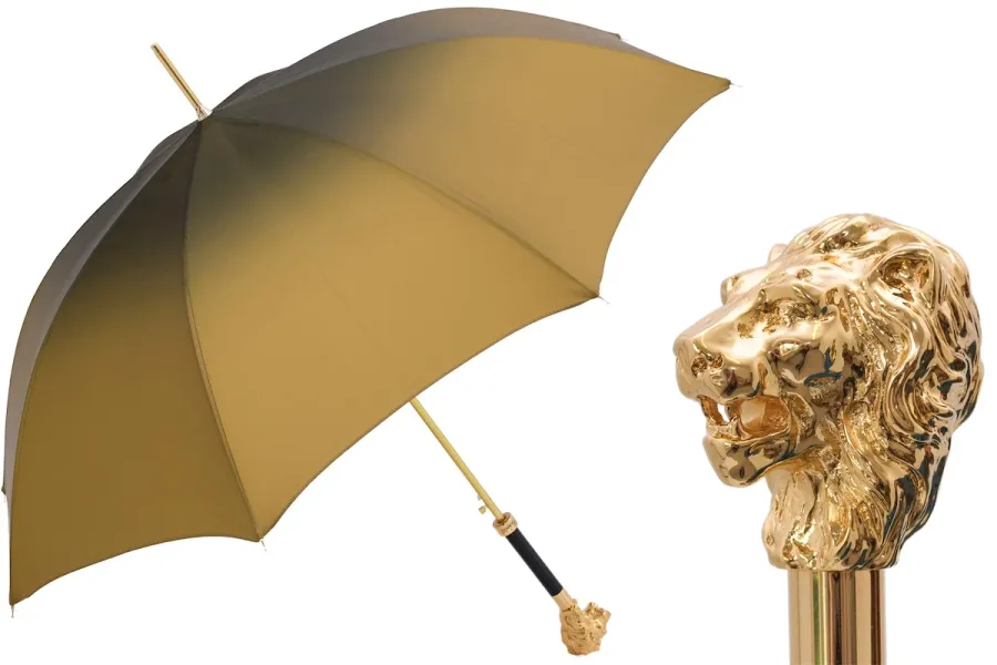 obrazek 1 Stylowy brązowy parasol damski z rączką zdobioną złotą głową lwa – Pasotti