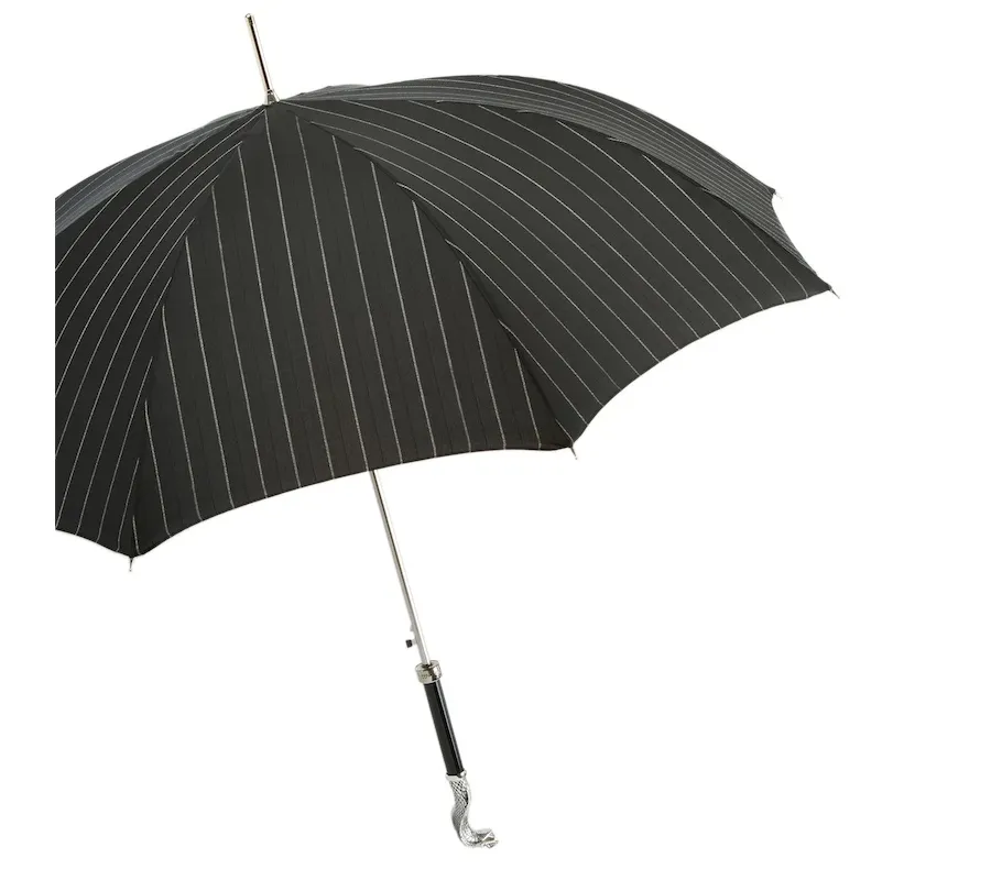 obrazek 7 Elegancki czarny parasol męski w paski z rączką w kształcie kobry – Pasotti
