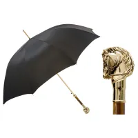 Picture Elegant black men's umbrella with a handle in the shape of a golden horse's head - Pasotti