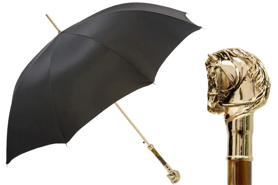 obrazek 1 Elegancki czarny parasol męski z rączką w kształcie złotej głowy konia – Pasotti