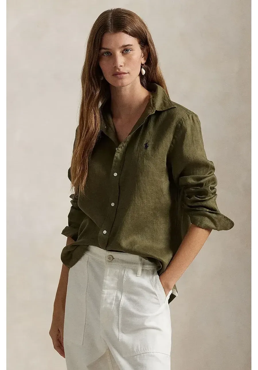 obrazek 1 Polo Ralph Lauren koszula lniana kolor zielony regular z kołnierzykiem klasycznym 211970730