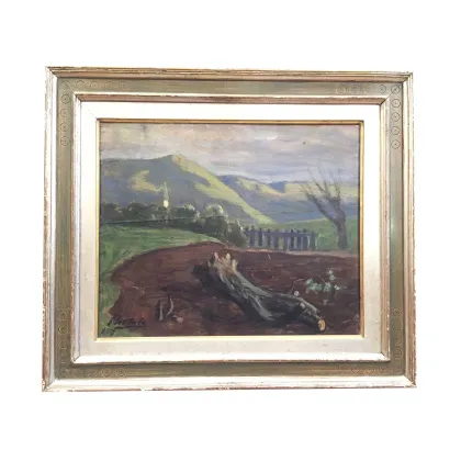 Picture F. Scattola, Landscape, 1927. Oil painting on plywood - hilly landscape