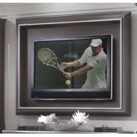 Zdjęcie Gustowna ramka telewizyjna do salonu w kolorze szarości oraz piasku orzechowego z detalami kości słoniowej