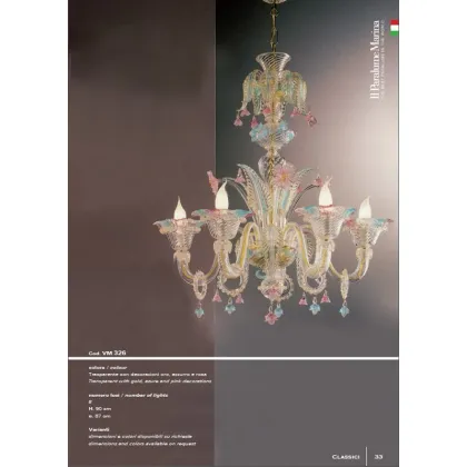 Zdjęcie Przezroczysty żyrandol z sześcioma światłami ze złotymi, zielonymi, niebieskimi i różowymi dekoracjami - Il Paralume Marina