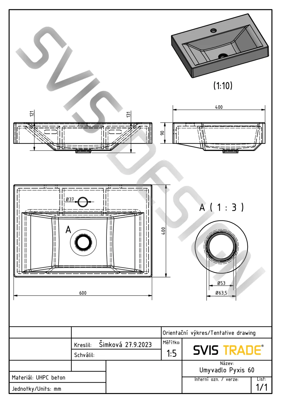 obrazek 4 Stylowa umywalka 60 cm PYXIS BASIC z przelewem, z otworem na baterię – DARK STONE, niebieski, ochra i czarny, lakier matowy