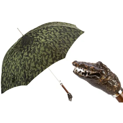 Picture Luxurious green men's umbrella with a handle in the shape of a crocodile head - Pasotti