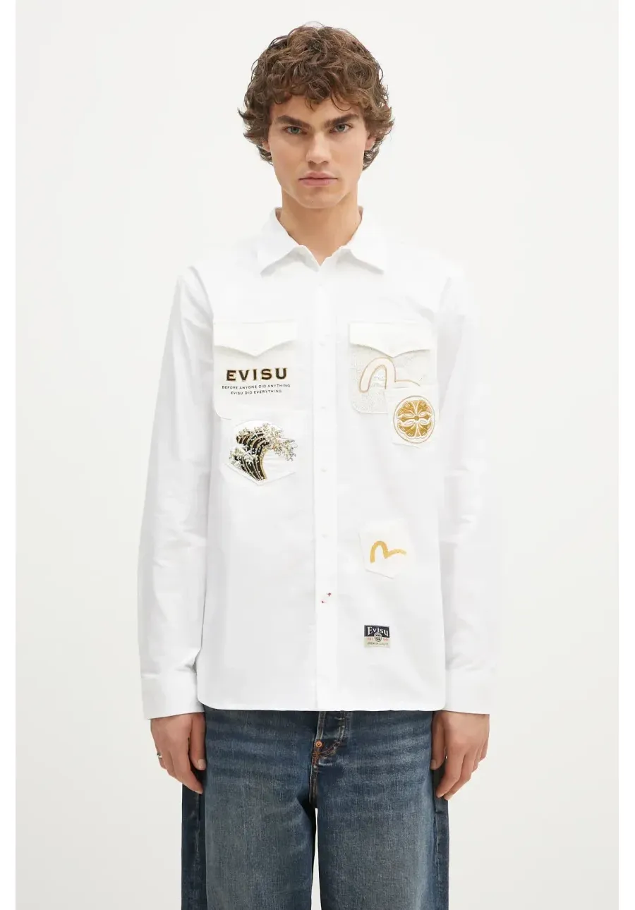 obrazek 1 Evisu koszula bawełniana Evisu Logos & Wave Emb męska kolor biały regular z kołnierzykiem klasycznym 2EAHTM4SL7040