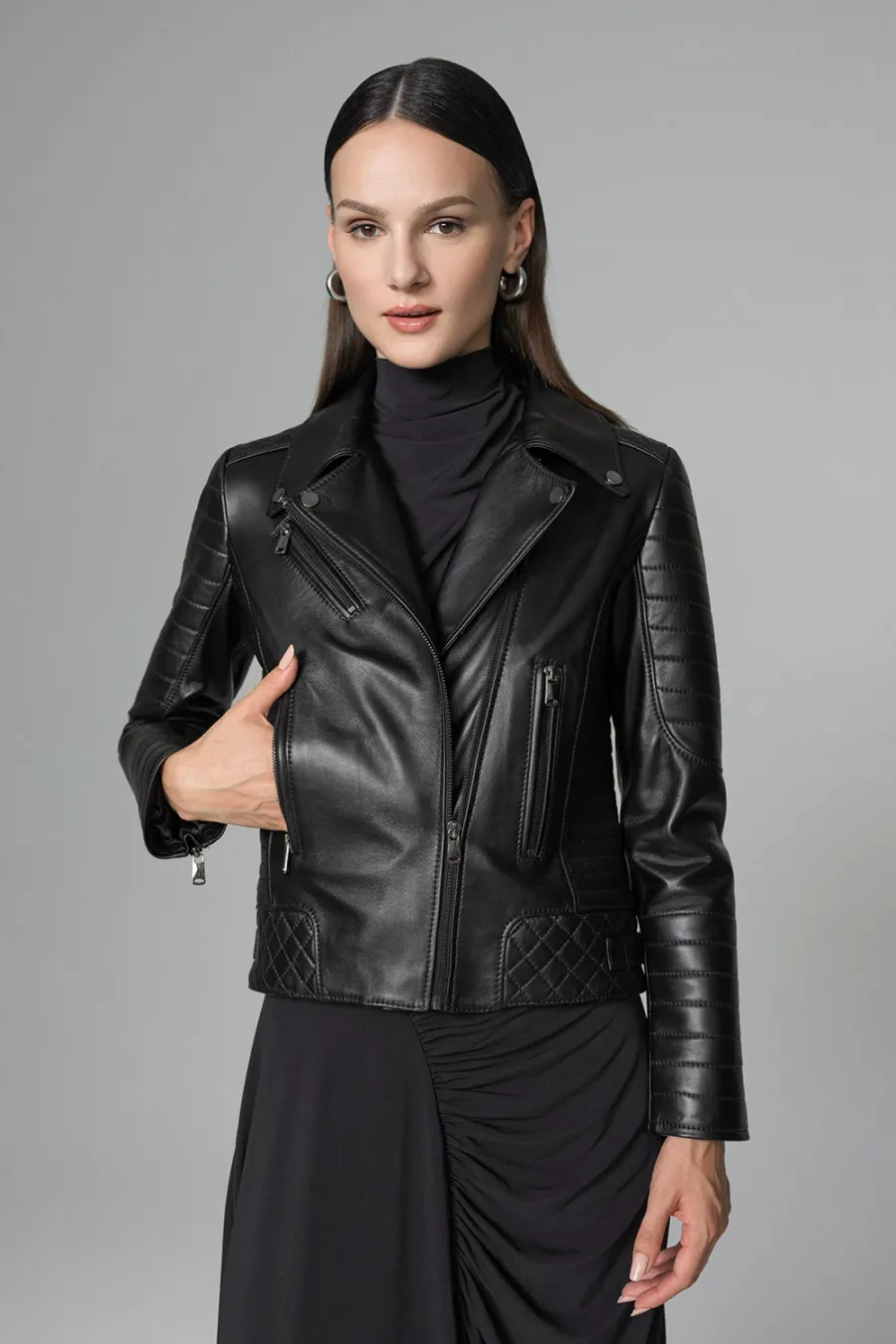 obrazek 2 Elegancka kurtka motocyklowa damska z owczej skóry