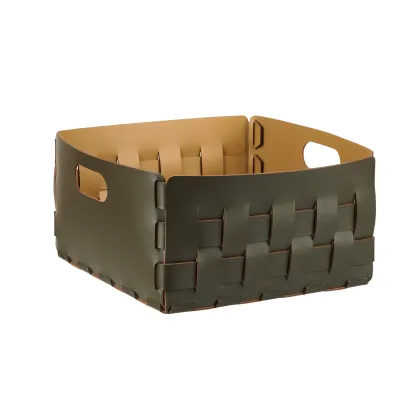 Zdjęcie Stylowy oliwkowy kosz Bottega 35x35xH20 cm wykonany z naturalnej skóry