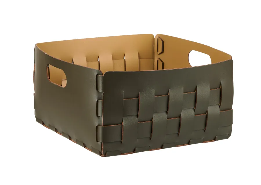 obrazek 1 Stylowy oliwkowy kosz Bottega 35x35xH20 cm wykonany z naturalnej skóry