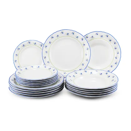 Zdjęcie Elegancki 18-elementowy komplet talerzy z porcelany zdobiony motywem kwiatów niezapominajek – Leander