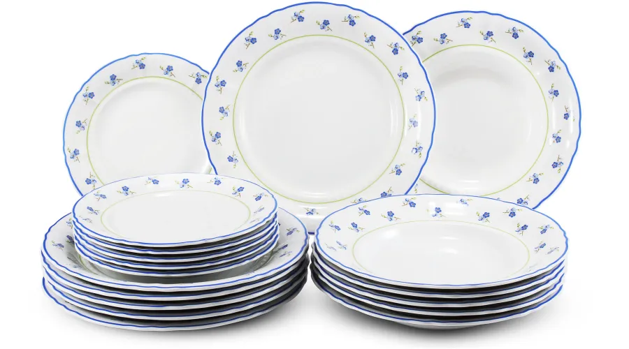 obrazek 1 Elegancki 18-elementowy komplet talerzy z porcelany zdobiony motywem kwiatów niezapominajek – Leander