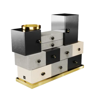 Picture A stylish three-color chest of drawers with an irregular shape