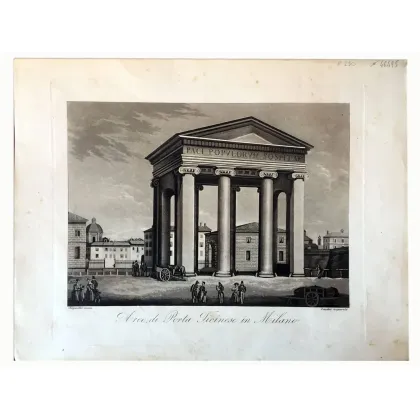 Zdjęcie Arco di Porta Ticinese w Mediolanie, akwaforta Naymiller i akwarela Landini, 1840r.