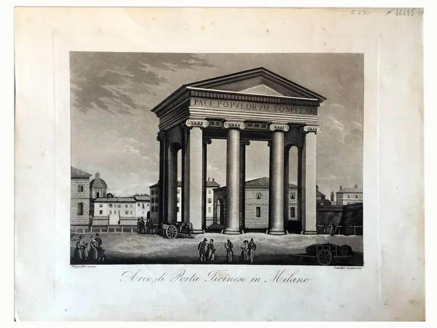 obrazek 1 Arco di Porta Ticinese w Mediolanie, akwaforta Naymiller i akwarela Landini, 1840r.