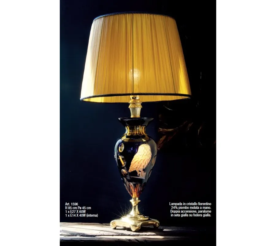 obrazek 1 Lampa z kryształu florenckiego szlifowana ręcznie z podwójnym włącznikiem i żółtym jedwabnym kloszem - Il Paralume Marina