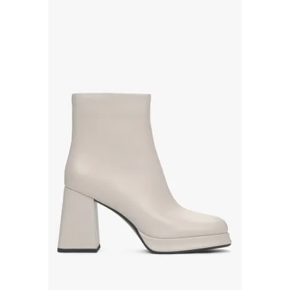Zdjęcie Estro: Jasnobeżowe botki damskie ze skóry naturalnej z platformą i stabilnym obcasem