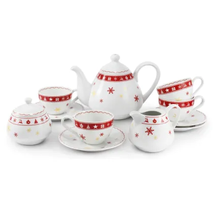 Zdjęcie Piękny 11-elementowy zestaw do herbaty z porcelany zdobiony świątecznym motywem – Leander
