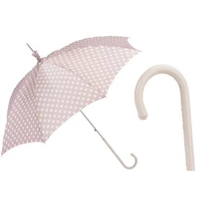 Zdjęcie Wyjątkowy jasnobrązowy parasol damski w białe kropki ze skórzaną rączką - Pasotti
