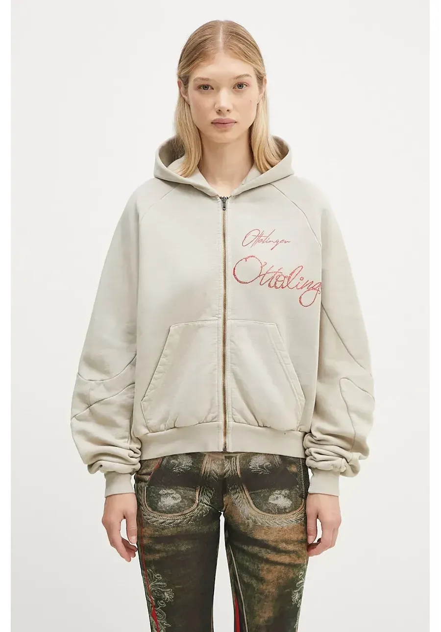 obrazek 1 Ottolinger bluza bawełniana Oversized Zip Hoodie damska kolor beżowy z kapturem z aplikacją 1150204121