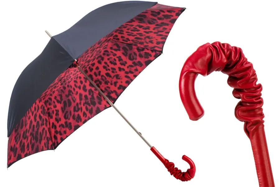 obrazek 1 Prestiżowy czarno-czerwony parasol damski zdobiony motywem skóry leoparda - Pasotti