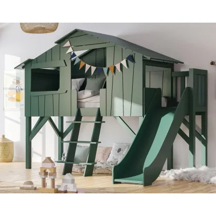 Zdjęcie Spełnienie marzeń - domek na drzewie na platformie z łóżkiem i zjeżdżalnią, z litego drewna - Mathy by Bols