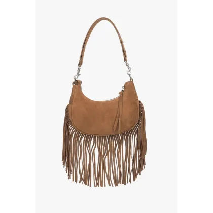Zdjęcie Estro: Brązowa torebka damska na ramię z weluru naturalnego z frędzlami
