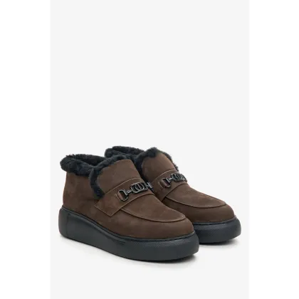 Zdjęcie Estro: Niskie brązowe botki damskie na zimę ze skóry naturalnej