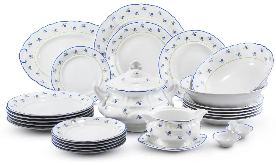 obrazek 1 Elegancka 25-częściowa zastawa obiadowa z porcelany zdobiona motywem kwiatów niezapominajek – Leander