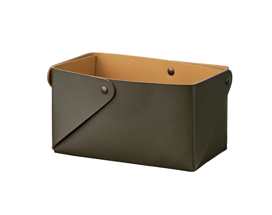 obrazek 1 Skórzany pojemnik Miu 7x14xH8 cm w wyjątkowym kolorze oliwki