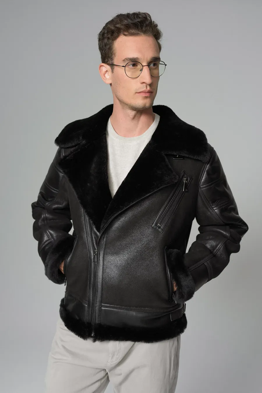 obrazek 5 Designerska skórzana kurtka męska z kożuchem