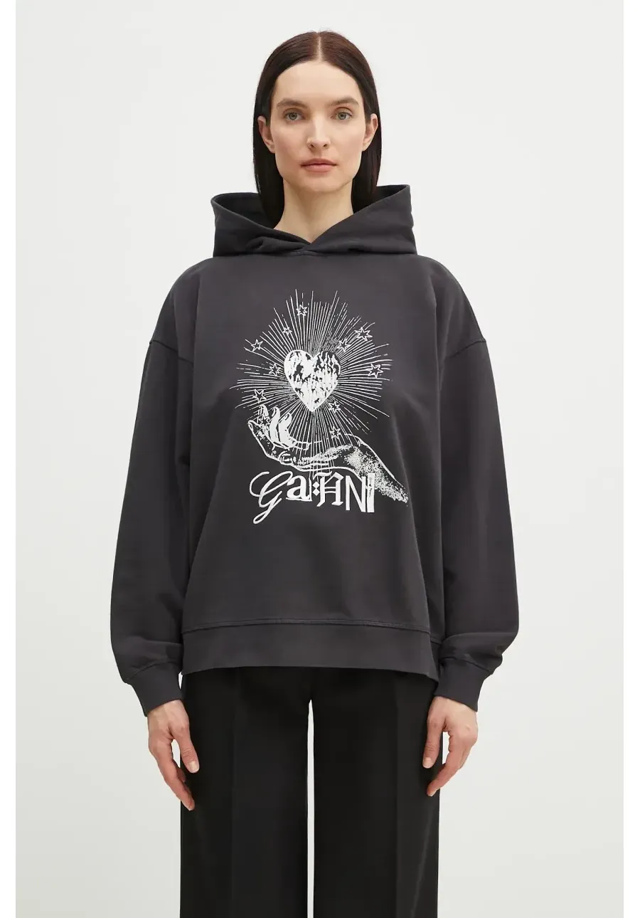 obrazek 1 GANNI bluza bawełniana Isoli Heart Oversized damska kolor szary z nadrukiem T4082