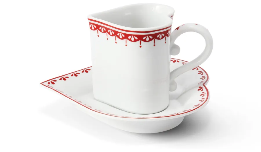 obrazek 1 Piękna filiżanka ze spodkiem z porcelany w kształcie serca zdobiona delikatnym czerwonym ornamentem – Leander