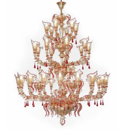 Zdjęcie Żyrandol ze szkła Murano w stylu Rezzonico ze złotymi liśćmi i czerwonymi dekoracjami - Il Paralume Marina