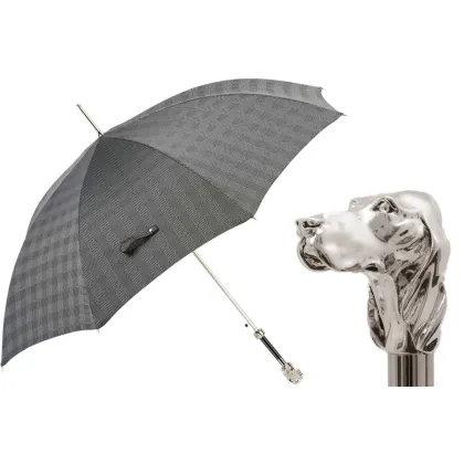 Picture Classic gray men's umbrella with a subtle check pattern and a handle in the shape of a dog's head - Pasotti