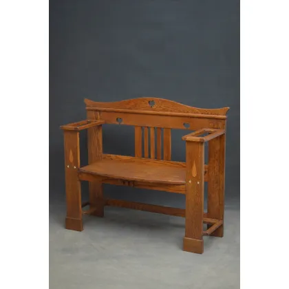 Zdjęcie Stylowa Arts and Crafts, solidna dębowa ławka, o profilowanej górnej poręczy - antyk