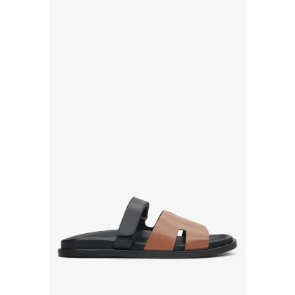 Zdjęcie Estro: Czarno-brązowe skórzane klapki damskie z regulowanym paskiem