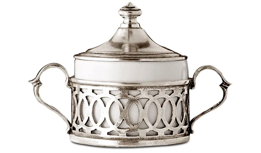 obrazek 1 Cudowna cukiernica ceramiczna zdobiona pewterem