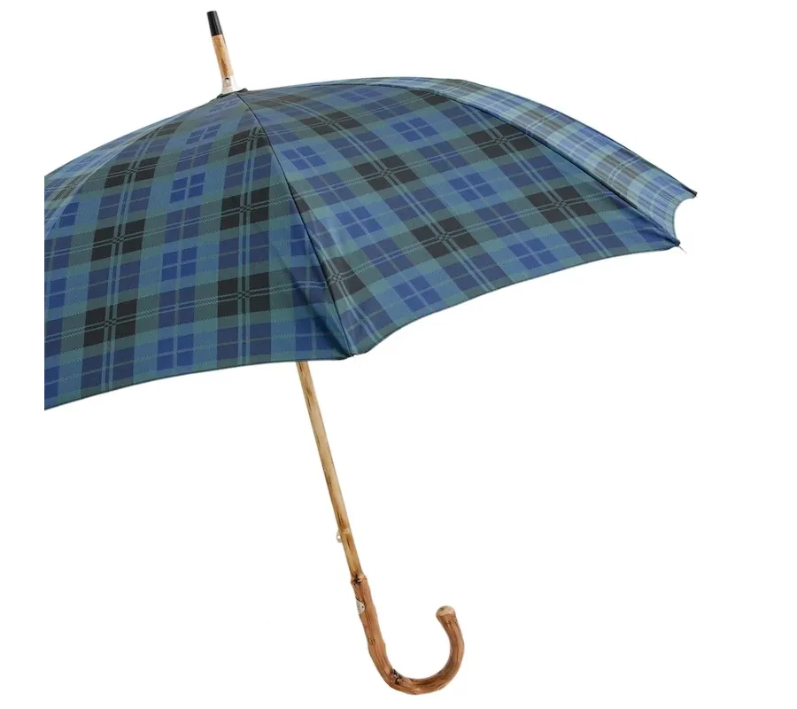 obrazek 7 Wyjątkowy granatowy parasol męski w kratę z drewnianą rączką - Pasotti