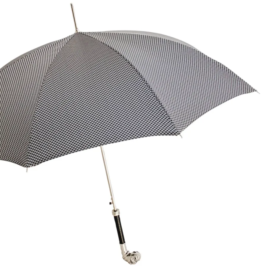 obrazek 7 Stylowy parasol męski w drobny geometryczny wzór z rączką w kształcie głowy buldoga – Pasotti