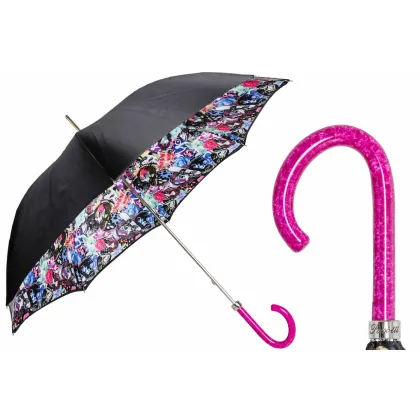 Zdjęcie Stylowy czarny parasol damski w stylu nowoczesnym z różową rączką - Pasotti