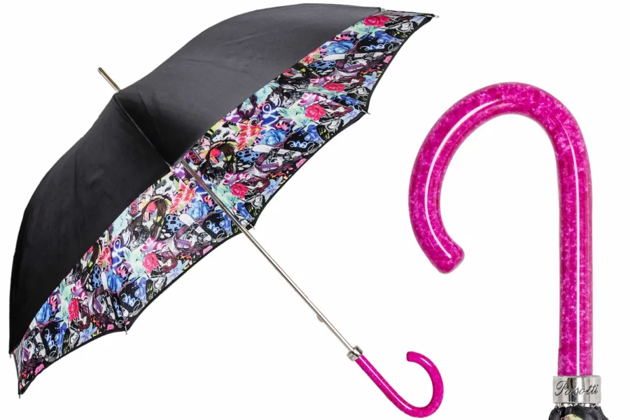 obrazek 1 Stylowy czarny parasol damski w stylu nowoczesnym z różową rączką - Pasotti